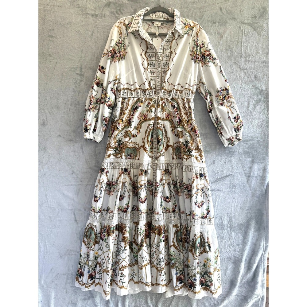 NWT Camilla Dressing Room Drama Tiered Long Shirt Dress White Floral Maxi Sz S M